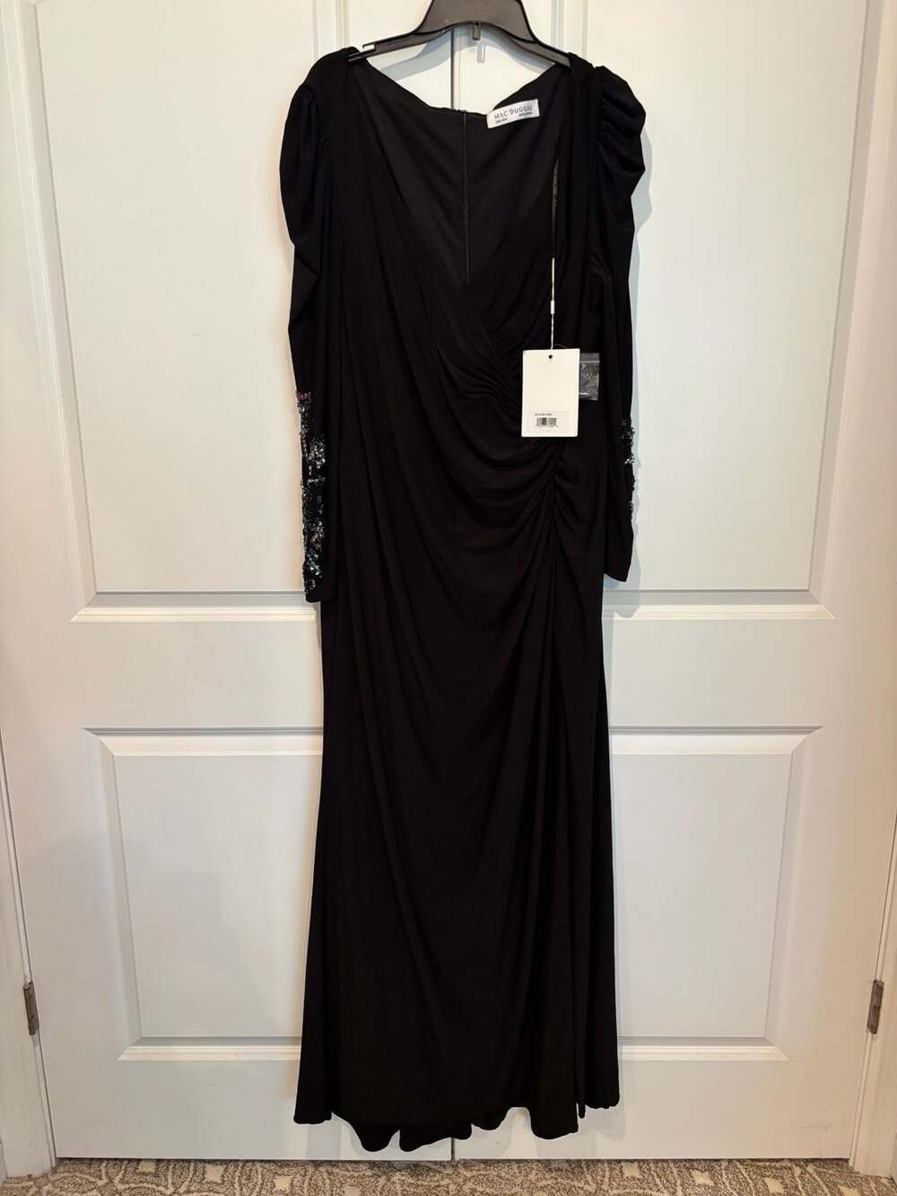 Mac Duggal Embellished Sleeve Ruched Jersey Gown Black 22W
